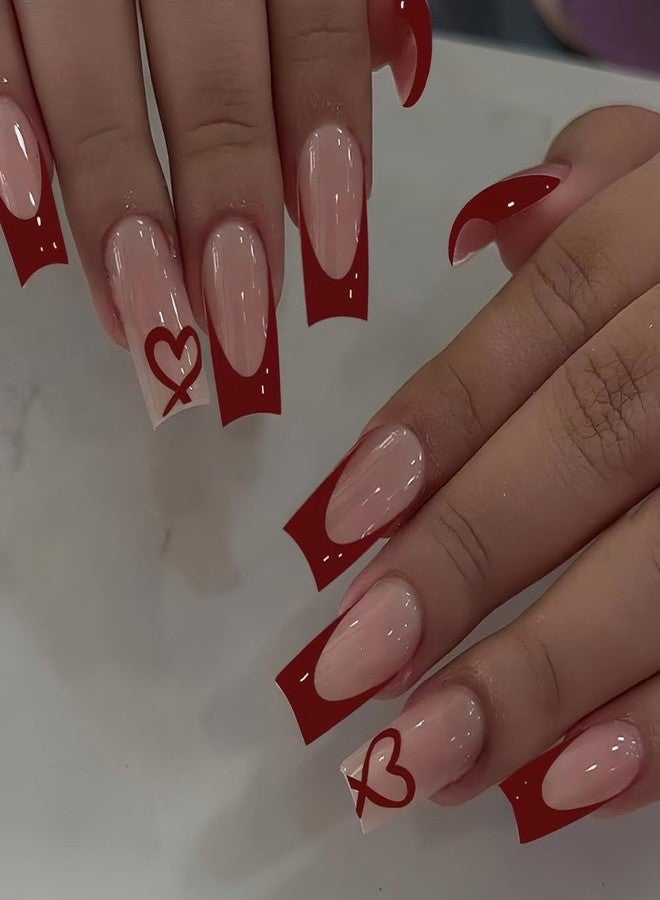 CTTHNBD Red French Tip Press on Nails Coffin - Medium Fake Nails with Heart Design - Glossy Full Cover Stick on Press ons for Women Manicure Kit 24 Pcs - Image 1